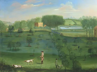 鹿と樹木園のカントリーハウスシーン